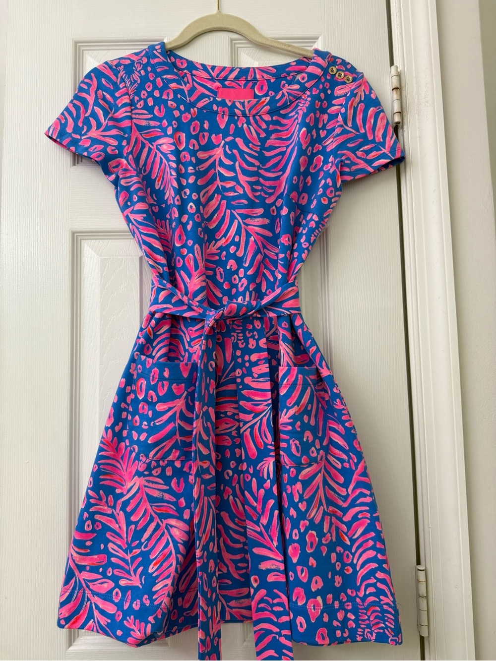 Lilly Pulitzer Blue Dress with Pink Tropical Print and Tie Waist